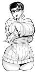  1girl bare_shoulders breasts curvy earrings glasses highres huge_breasts jewelry mole monochrome pen ribbed_sweater simple_background sketch solo sweater synecdoche thick_thighs thighs white_background wide_hips 