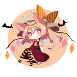  +_+ 1girl animal_ears ascot asymmetrical_hair bat between_legs blonde_hair blush bow cat_ears cat_tail chibi crystal dress eyebrows_visible_through_hair fang_out flandre_scarlet frilled_dress frills full_body hat hat_bow knees_together_feet_apart kurokii looking_at_viewer lowres mob_cap orange_bow orange_legwear pantyhose puffy_short_sleeves puffy_sleeves red_dress red_eyes short_sleeves simple_background smile solo striped striped_legwear tail tail_between_legs touhou wings yellow_ascot 