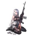  1girl ammunition ammunition_belt bare_shoulders bear_hair_ornament belt between_breasts blazer blush boots breast_press breasts dress erect_nipples eyebrows eyebrows_visible_through_hair full_body girls_frontline gun hair_between_eyes hair_ornament hair_over_one_eye high_heel_boots high_heels highres holding holding_gun holding_weapon impossible_clothes jacket large_breasts leotard long_hair looking_at_viewer magazine_(weapon) necktie necktie_between_breasts no_bra nose official_art pantyhose parted_lips personification pink_eyes pk_(girls_frontline) pk_machine_gun pleated_dress red_eyes scarf short_dress sitting solo strap thigh-highs thigh_boots torn_clothes torn_pantyhose torn_thighhighs transparent_background very_long_hair weapon white_hair white_scarf 