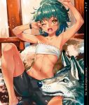  1girl ;o absurdres animal armpits arms_up bare_legs barefoot bike_shorts black_shorts blush bracelet collarbone copyright_request eyelashes flat_chest green_hair highres jewelry knee_up looking_at_viewer navel one_eye_closed open_mouth orange_eyes ran&#039;ou_(tamago_no_kimi) rubbing_eyes scan short_hair shorts shorts_under_skirt sitting solo spread_legs stomach strapless stretch teardrop tears tubetop waking_up wolf yawning 