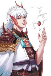  alternate_hair_length alternate_hairstyle antlers armor bangs bei_ju_luoxuan_wan black_sclera closed_mouth cosplay floating_object food from_side fruit gintama highres ibaraki_(onmyoji) ibaraki_(onmyoji)_(cosplay) japanese_clothes lips long_hair long_sleeves looking_at_viewer male_focus onmyoji pauldrons red_eyes sakata_gintoki sash simple_background smoke solo spikes strawberry upper_body white_background wide_sleeves 