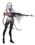  1girl ammunition ammunition_belt bear_hair_ornament belt between_breasts black_gloves black_legwear blazer blush boots breast_hold breasts dress erect_nipples eyebrows eyebrows_visible_through_hair finger_on_trigger full_body girls_frontline gloves gun hair_between_eyes hair_ornament hair_over_one_eye head_tilt high_heel_boots high_heels highres holding holding_gun holding_weapon impossible_clothes jacket large_breasts long_hair looking_at_viewer magazine_(weapon) necktie necktie_between_breasts nose official_art pantyhose parted_lips personification pink_eyes pk_(girls_frontline) pk_machine_gun pleated_dress red_eyes scarf short_dress solo standing strap thigh-highs thigh_boots transparent_background very_long_hair weapon white_hair white_scarf 