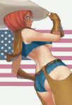  &gt;:) 1girl armpit_peek ass back bare_shoulders belt blue_eyes blush breasts brown_gloves chaps closed_mouth cowboy_hat cowboy_shot crop_top crop_top_overhang fingerless_gloves from_side gloves hand_on_hip hat highres looking_to_the_side monica_blueash orange_hair original profile school_girl_strikers shigatsugata short_shorts shorts side_glance sleeveless small_breasts smile solo under_boob 