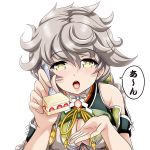  1girl :o braid breasts cleavage commentary_request detached_sleeves feeding food fork holding kantai_collection long_hair looking_at_viewer low_ponytail silver_hair simple_background single_braid solo strawberry_shortcake tk8d32 translation_request unryuu_(kantai_collection) white_background yellow_eyes 