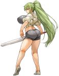  1girl ass blush breasts butt_crack cropped_jacket from_side full_body green_hair highres holding holding_sword holding_weapon large_breasts long_hair original perky_breasts ponytail puffy_nipples sachito shiny shiny_clothes shoes short_shorts shorts simple_background solo standing sumi-chan_(sachito) sword thick_thighs thighs very_long_hair weapon white_background white_shoes yellow_eyes 