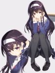  1girl bangs black_legwear chin_rest eyebrows_visible_through_hair from_side grey_background hair_between_eyes hair_tucking hairband highres kasumigaoka_utaha knees_together_feet_apart light_smile loafers long_hair looking_at_viewer multiple_views nakamura_takeshi panties panties_under_pantyhose pantyhose pleated_skirt purple_hair saenai_heroine_no_sodatekata school_uniform serafuku shoes sidelocks simple_background sitting skirt thighband_pantyhose underwear violet_eyes white_panties 