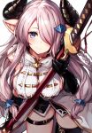  1girl bare_shoulders between_breasts black_legwear blue_eyes blush braid breasts closed_mouth cowboy_shot doraf granblue_fantasy hair_ornament hair_over_one_eye highres holding holding_sword holding_weapon horns katana large_breasts lavender_hair leaning_forward long_hair looking_at_viewer narumeia_(granblue_fantasy) oyu_(sijimisizimi) pointy_ears scabbard sheath sheathed sideboob sidelocks simple_background single_thighhigh smile solo sword thigh-highs thigh_strap thighs weapon white_background 