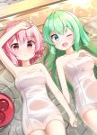  2girls ;d arm arm_up armpits bangs bare_arms bare_shoulders bath blue_eyes blush breasts cleavage collarbone female from_above green_hair hand_holding hand_on_own_chest happy highres komeiji_koishi komeiji_satori long_hair looking_at_viewer lying multiple_girls naked_towel neck ominaeshi_(takenoko) on_back one_eye_closed onsen open_mouth parted_lips partially_submerged pink_eyes pink_hair short_hair siblings sisters small_breasts smile touhou towel water wet wet_hair wink 