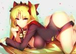  1girl ass blonde_hair breasts earrings ereshkigal_(fate/grand_order) fate/grand_order fate_(series) jewelry large_breasts long_hair looking_at_viewer lying on_stomach red_eyes saisarisu skull smile solo thighs twintails 