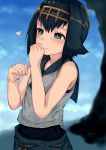  1girl bare_shoulders blue_eyes blue_hair blush bright_pupils commentary_request furukawa_wanosuke hairband hand_to_own_mouth matching_hair/eyes one-piece_swimsuit pokemon pokemon_(game) pokemon_sm shirt short_hair sleeveless solo suiren_(pokemon) sweat swimsuit swimsuit_under_clothes trial_captain 