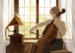  1boy black_pants bow_(instrument) brown_hair cello closed_eyes closed_mouth collared_shirt curtains day holding indoors instrument light_smile male_focus megaphone music original outstretched_arm pants plant playing_instrument shirt short_hair sitting solo srb7606 white_shirt window 