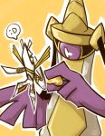  :d aegislash antennae choco_(maize) kartana no_humans open_mouth origami outline pokemon pokemon_(creature) purple_sclera simple_background smile speech_bubble spoken_emoticon spoken_expression sword ultra_beast weapon white_pupils yellow_background 