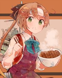  1girl :t akigumo_(kantai_collection) anchor_symbol beef_bowl black_ribbon bowl brown_hair chopsticks dress food food_on_face green_eyes hair_ribbon headband holding_bowl itomugi-kun kantai_collection long_hair looking_at_viewer machinery pleated_dress ponytail ribbon school_uniform sleeves_rolled_up solo 