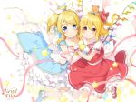  2girls 6u_(eternal_land) ayase_eli blonde_hair blue_dress blue_eyes dress flandre_scarlet gloves hair_ribbon looking_at_viewer love_live! love_live!_school_idol_project mary_janes multiple_girls petticoat ponytail puffy_short_sleeves puffy_sleeves red_dress red_eyes ribbon shoes short_sleeves side_ponytail smile touhou white_gloves wings 