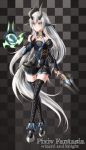  artist_request belt breasts cleavage corset cross-laced_footwear crystal demon_girl detached_collar detached_sleeves familiar fingerless_gloves fire gloves green_eyes high_heels highres horns large_breasts long_hair long_legs mage miniskirt necktie pixiv_fantasia pixiv_fantasia_wizard_and_knight plaid pointy_ears silver_hair skirt staff tail thigh-highs very_long_hair 