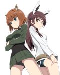  2girls animal_ears ass back-to-back black_panties blue_eyes blush brave_witches breasts brown_eyes brown_hair crossed_arms from_below gundula_rall karibuchi_takami long_hair long_sleeves looking_back military military_uniform multiple_girls nanashino panties short_hair smile swimsuit swimsuit_under_clothes tail underwear uniform world_witches_series 