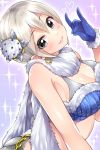 1girl :3 arched_back ass black_eyes blonde_hair blue_gloves breasts chains cleavage crop_top earrings fox_shadow_puppet fur_trim gloves hair_ornament head_tilt heart idolmaster idolmaster_cinderella_girls jewelry leaf_hair_ornament looking_at_viewer mio_(mgr300) scarf shiomi_shuuko short_hair smile solo sparkle 