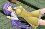  1girl biwa_lute breasts covered_navel dress flower gnlo hair_between_eyes hair_flower hair_ornament highres instrument large_breasts long_hair long_sleeves looking_at_viewer low_twintails lute_(instrument) lying on_back parted_lips petticoat purple_hair solo taut_clothes taut_dress touhou tsukumo_benben twintails very_long_hair violet_eyes yellow_dress 