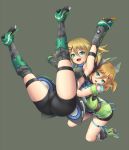  2girls :d aqua_eyes armpits arms_up ass bangs bare_shoulders bike_shorts blonde_hair boots brown_hair eyebrows_visible_through_hair floral_print gloves green_background green_eyes grey_background hair_between_eyes hair_ornament hairclip knee_boots knee_pads kneeling long_pointy_ears looking_at_viewer mochi.f multiple_girls open_mouth outstretched_arms patty_(pso2) phantasy_star phantasy_star_online phantasy_star_online_2 pointy_ears short_hair short_twintails simple_background smile thigh-highs thigh_boots thigh_strap tiea twintails 