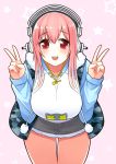  1girl bending_forward blush breasts double_v headphones large_breasts long_hair looking_at_viewer murakami_monako nitroplus open_mouth pink_hair pom_pom_(clothes) red_eyes smile solo super_sonico v 