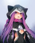  1girl animal_hood blush braid cape cat_hood collar commentary_request dog_collar fate/grand_order fate_(series) highres hood kazuma_muramasa long_hair looking_at_viewer medusa_(lancer)_(fate) open_mouth purple_hair rider simple_background solo very_long_hair violet_eyes 