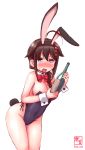  1girl absurdres alternate_costume animal_ears black_hair black_leotard blue_eyes bottle bow bowtie braid breasts bunny_tail bunnysuit cleavage covered_navel detached_collar drunk hair_flaps hair_over_shoulder highres kanon_(kurogane_knights) kantai_collection leaning_forward open_mouth rabbit_ears remodel_(kantai_collection) shigure_(kantai_collection) single_braid tail wine_bottle wrist_cuffs 