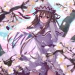  1girl blonde_hair blurry_background bow capelet cherry_blossoms dappled_sunlight din_(flypaper) dress fairy_wings frilled_dress frills hand_in_hair hat hat_ribbon lily_white long_hair long_sleeves looking_at_viewer nature outdoors red_bow red_eyes red_ribbon ribbon sash smile solo sunlight touhou tree very_long_hair white_dress white_hat wings 