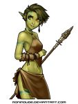  1girl artist_name deviantart_username earrings fangs green_skin highres jewelry navel orc polearm ronindude scar short_hair slit_pupils small_breasts solo spear tattoo weapon yellow_eyes 