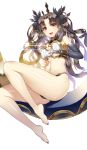 1girl :d arm armlet ass bare_arms bare_legs bare_shoulders barefoot black_gloves black_hair black_panties black_ribbon blush breasts bridal_gauntlets collar crown earrings elbow_gloves fate/grand_order fate_(series) feet female ganik_(pisshine) gloves hair_ribbon highres hoop_earrings ishtar_(fate/grand_order) jewelry knee_up legs long_hair long_legs looking_at_viewer medium_breasts midriff nail_polish navel open_mouth panties red_eyes red_nails revealing_clothes ribbon round_teeth shiny shiny_hair shiny_skin simple_background single_elbow_glove single_glove sitting smile solo strapless teeth thighs tohsaka_rin toosaka_rin two_side_up type-moon white_background 