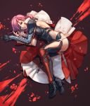  1girl absurdres armor blue_eyes cape final_fantasy final_fantasy_xiii gloves highres lightning_farron lightning_returns:_final_fantasy_xiii looking_at_viewer lying on_side parted_lips pink_hair solo splish thigh-highs 