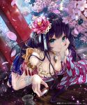  1girl alcohol aqua_eyes armlet bangs barefoot bead_bracelet bead_necklace beads black_hair blue_eyes blue_ribbon blue_skirt blurry bracelet braid breasts choker cleavage closed_mouth collarbone company_name crystal cube cup depth_of_field dutch_angle eyelashes flower frills full_moon hair_beads hair_flower hair_ornament hair_ribbon hanami hand_on_own_cheek head_rest highres japanese_clothes jewelry light_particles lipstick long_hair looking_at_viewer lying makeup miniskirt moon nail_polish necklace night night_sky off_shoulder official_art on_floor on_stomach pendant petals pink_flower pink_lips pink_nails pisuke pleated_skirt red_flower ribbon sakazuki sake sash shingoku_no_valhalla_gate single_sleeve skirt sky smile solo tassel toeless_legwear toenail_polish tokkuri wide_sleeves wooden_floor yagasuri 