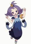  1girl :3 :d acerola_(pokemon) armlet claw_pose dress flipped_hair hair_ornament hajime_(hajime-ill-1st) highres looking_at_viewer open_mouth pokemon pokemon_(game) pokemon_sm purple_hair sandals short_hair smile solo stitches topknot trial_captain violet_eyes 