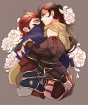  1boy 1girl arm_blade blue_cape breast_press breasts brown_hair cape detached_sleeves eye_scar facial_scar fire_emblem fire_emblem_if flower grey_background hair_over_one_eye hand_on_another&#039;s_ass hetero hug kagerou_(fire_emblem_if) lips long_hair mask one_eye_closed ponytail red_eyes redhead rose saizou_(fire_emblem_if) scar short_hair weapon white_rose yellow_cape 
