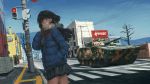  1girl black_hair breath city coat commentary_request cowboy_shot digital_camouflage ground_vehicle hallelujah_zeng hand_in_pocket long_hair military military_vehicle motor_vehicle original road scarf sketch skirt solo street tank traffic_light winter winter_clothes winter_coat 