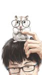  1boy animal animal_on_head black_eyes black_hair glasses hallelujah_zeng hamster highres male_focus original white_background 