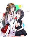  2girls :d absurdres ahoge bare_shoulders black_hair black_serafuku blue_eyes commentary_request detached_sleeves fingerless_gloves gloves grey_hair hair_ornament hair_over_shoulder haruna_(kantai_collection) headgear heart heart_ahoge heart_hands height_difference highres japanese_clothes kantai_collection long_hair long_sleeves multiple_girls namikawa_kuroha nontraditional_miko open_mouth orange_eyes pleated_skirt remodel_(kantai_collection) school_uniform serafuku shigure_(kantai_collection) skirt smile 