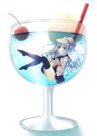  1girl anju_(meipurusanchi) black_legwear blue_eyes blush cherry cup drink failure failure_penguin food fruit hammer_and_sickle hibiki_(kantai_collection) highres in_container in_cup kantai_collection long_hair silver_hair skirt solo star straw thigh-highs underwater verniy_(kantai_collection) 
