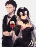  1boy 1girl alcohol bare_shoulders black_dress black_gloves black_hair blonde_hair blush bow bowtie breasts caster_(fate/zero) choker cleavage closed_eyes cup dress drinking_glass drunk elbow_gloves fate/apocrypha fate/grand_order fate_(series) gloves half-closed_eyes headpiece highres holding holding_cup jeanne_alter large_breasts long_hair long_sleeves looking_at_viewer parted_lips ruler_(fate/apocrypha) simple_background sleeveless sleeveless_dress smile twitter_username upper_body very_long_hair vest white_background wine wine_glass wing_collar yellow_eyes yukihama 