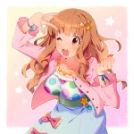  1girl :3 :d \m/ arm_up bangs blue_dress blush bow breasts brown_hair clenched_hand cropped_jacket cummerbund dress eyebrows_visible_through_hair gradient gradient_background hair_ornament idolmaster idolmaster_cinderella_girls jewelry kiri_futoshi lace medium_breasts moroboshi_kirari necklace one_eye_closed open_mouth orange_eyes outline outside_border pink_jacket polka_dot polka_dot_dress ribbon signature smile solo star star_hair_ornament wavy_hair white_border white_outline wrist_ribbon 