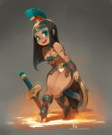  1girl aqua_eyes armor bare_shoulders bikini_armor breasts brown_hair eyeshadow female full_body gladiator gradient gradient_background highres long_hair looking_at_viewer makeup medium_breasts muscle muscular_female open_mouth panties round_teeth shield smile solo sword teeth thick_thighs thighs toenail_polish toes underwear watermark weapon web_address xavier_houssin 