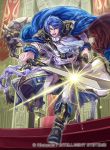  1boy blue_hair boots cape company_connection copyright_name detached_sleeves fire_emblem fire_emblem:_seisen_no_keifu fire_emblem_cipher holding holding_weapon horse looking_at_viewer male_focus open_mouth short_hair sigurd_(fire_emblem) suzuki_rika sword weapon 