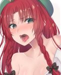  1girl asa_(coco) bare_shoulders beret black_bow blue_eyes blush bow braid breasts cleavage collarbone hair_bow hat hong_meiling long_hair looking_at_viewer nose_blush off_shoulder open_mouth redhead saliva solo star teeth tongue tongue_out touhou twin_braids upper_body 