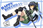  1girl armor artist_name assault_rifle bangs black_boots black_hair black_legwear blouse boots brown_eyes cz_p-09 english explosive girls_und_panzer gloves green_gloves green_skirt gun handgun headphones headset holding holster knee_pads long_hair long_sleeves looking_at_viewer lr-300 miniskirt neckerchief parted_lips pleated_skirt reizei_mako rifle school_uniform serafuku signature skirt socks solo sunglasses tactical_clothes thigh_holster tirotata trigger_discipline weapon white_blouse yellow-tinted_glasses 