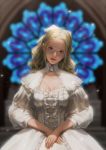  1girl auausaikou blonde_hair breasts cleavage closed_mouth dress eyebrows gem head_tilt highres lips lolita_fashion looking_at_viewer medium_breasts no_bangs nose original solo stained_glass white_dress window 