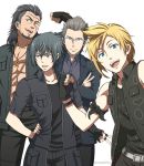  4boys :d beard black_gloves black_hair black_shirt blonde_hair blue_eyes clenched_hand cross cross_necklace facial_hair final_fantasy final_fantasy_xv fingerless_gloves gladiolus_amicitia glasses gloves grey_hair ignis_scientia jewelry long_hair multiple_boys necklace noctis_lucis_caelum open_mouth prompto_argentum scar scar_across_eye shirt simple_background smile tomokichi twitter_username v white_background 