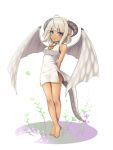  1girl ahoge arms_behind_back bare_legs bare_shoulders barefoot blue_eyes china_dress chinese_clothes cleavage_cutout dark_skin dragon_girl dragon_wings dress full_body horns legs_crossed light_smile looking_at_viewer mochi.f monster_girl original platinum_blonde pointy_ears short_hair slit_pupils solo tail white_dress wings 