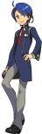  1boy ahoge alpha_transparency blue_eyes blue_hair blue_jacket ear_piercing full_body grey_pants hand_on_hip highres jacket looking_at_viewer luca_(pokemon) male_focus matching_hair/eyes official_art pants piercing pokemon pokemon_(game) pokemon_co-master red_ribbon ribbon short_hair smile solo transparent_background 