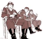  3boys artist_name boots chair cigarette cup drifters goggles goggles_on_head hat indesign kanno_naoshi legs_crossed male_focus monochrome mug multiple_boys pilot pilot_helmet pilot_uniform sepia short_hair simple_background sitting smile spread_legs twitter_username white_background 