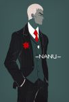  1boy flower formal hands_in_pockets highres kuchinashi_(pokemon) lily_(flower) male_focus necktie pinstripe_suit pokemon pokemon_(game) pokemon_sm red_eyes sly-8 solo standing striped suit text waistcoat white_hair 