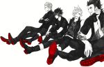  4boys boots crossed_arms ebira final_fantasy final_fantasy_xv freckles gladiolus_amicitia glasses greyscale hair_over_one_eye ignis_scientia jacket male_focus monochrome multiple_boys noctis_lucis_caelum prompto_argentum scar sitting sleeveless smile soles spiky_hair spot_color tattoo vest 